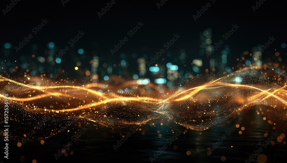 Obraz premium Golden, wavy, particle streaks over a dark city