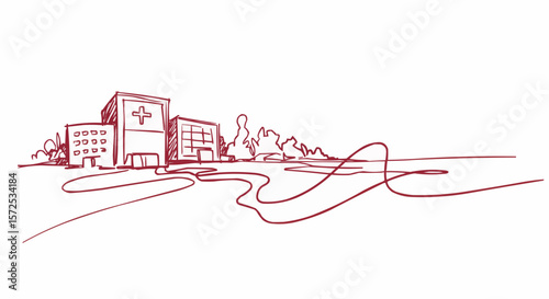A drawing of a hospital in a modern architectural style. 