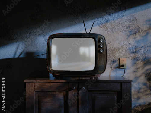 Vintage Retro TV with blank screen on a wooden cabinet in a dimly lit room with textured walls, evoking nostalgia. CGI