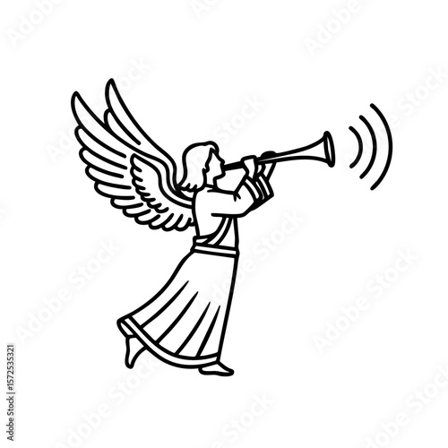 Stylized Angel with Trumpet and Curved Sound Waves, Flat Vector Icon