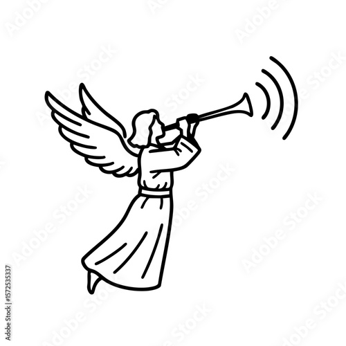 Stylized Angel with Trumpet and Curved Sound Waves, Flat Vector Icon