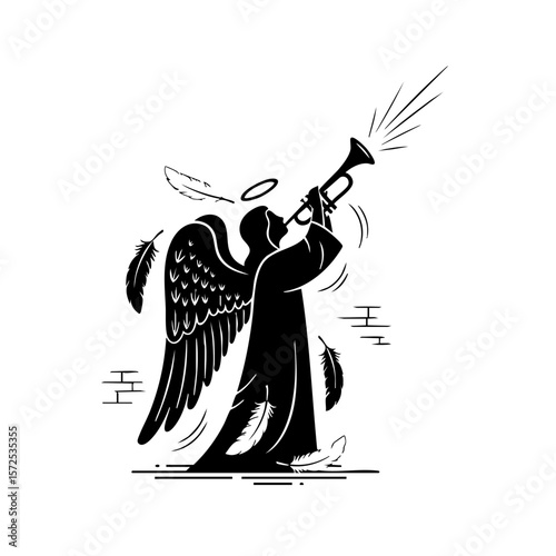  Angel with Feathered Wings and Echo Lines, Trumpet Raised, Flat Icon