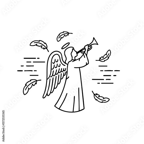  Angel with Feathered Wings and Echo Lines, Trumpet Raised, Flat Icon