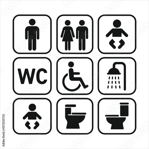 Collection of nine black and white pictograms representing various restroom facilities including male female baby changing disabled accessible shower and toilet icons