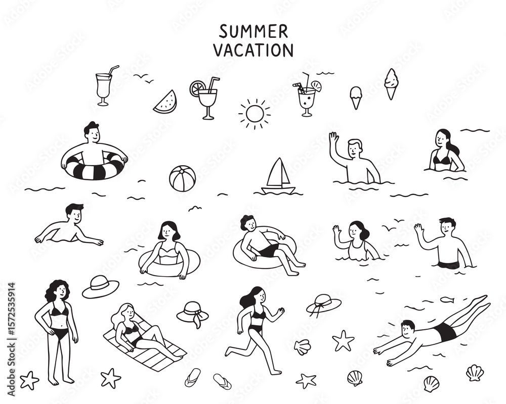 Obraz premium Summer holidays concept in doodle style. Summer doodle icons. Men and women on the beach, in the sea, cocktail, ice cream, shells. Vector drawings for poster, print, banner. Vector