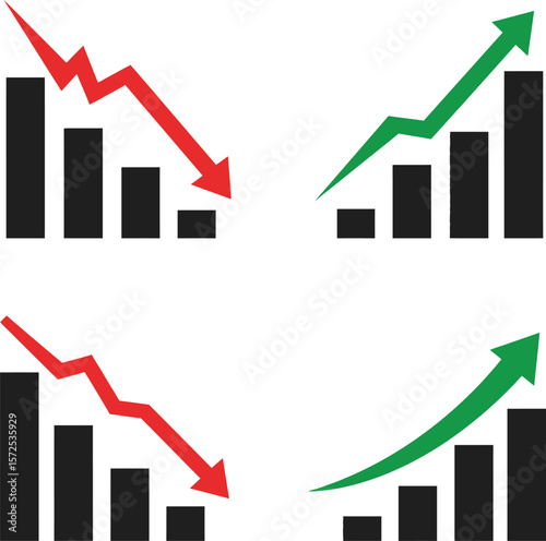 Visual representation of financial market trends showing contrasting bar graphs with red downward trending arrows and green upward trending arrows against a black background