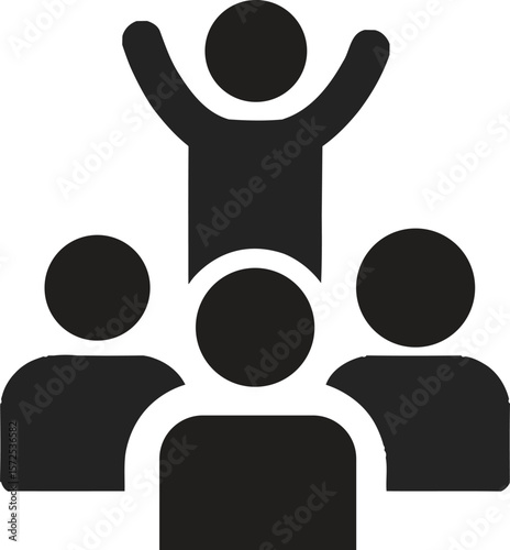 Iconic representation of a successful leader standing tall above a group of people symbolizing teamwork and collective achievement
