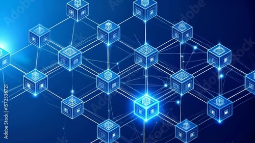 Futuristic blockchain network technology animation, digital connections and data transfer