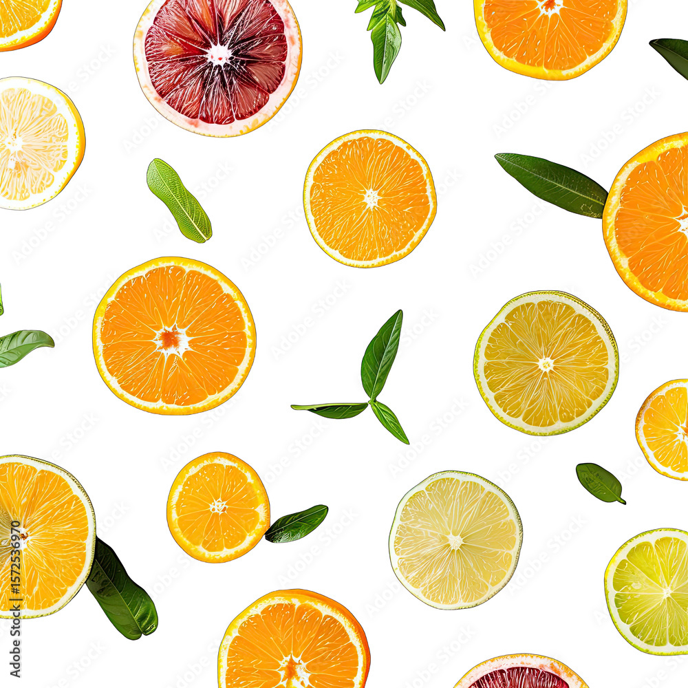 Obraz premium Citrus slices and leaves on black background