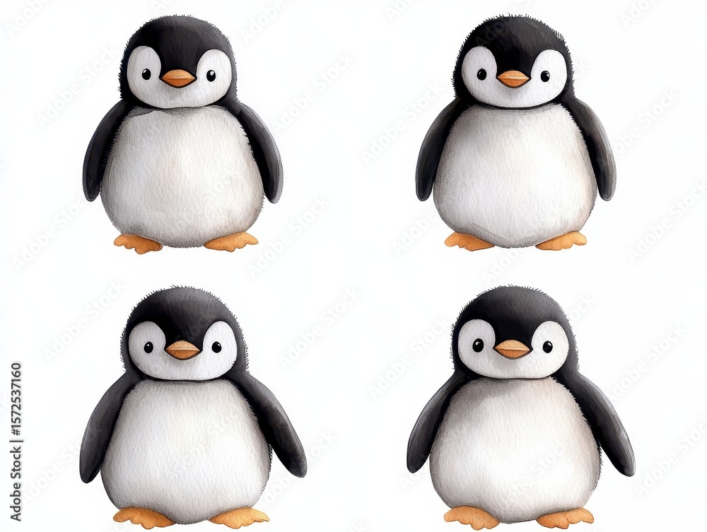 Fototapeta premium pattern with many cute baby penguins. Watercolor illustration. Adorable penguin chicks watercolor painting featuring a delightful group of fluffy birds in a charming artistic style.