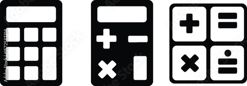 Collection of simple white calculator icons and basic math symbols including plus minus multiplication and division on a black background
