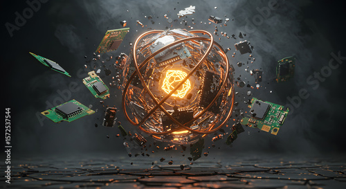 Shattered circuit board fragments levitating around a glowing neural node.