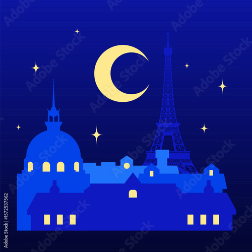 France at night - colorful flat design style illustration