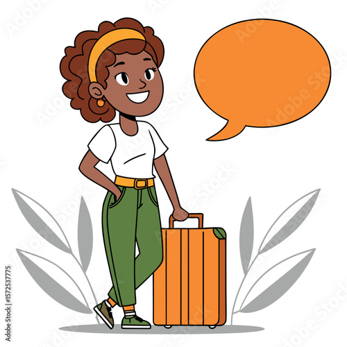 Young Black Woman With Suitcase Ready For Travel Adventure
