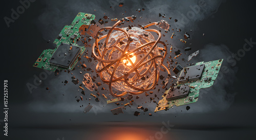 Shattered circuit board fragments levitating around a glowing neural node.