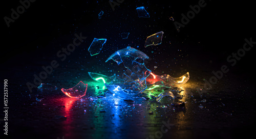 Shattered and glowing colored LED bulbs on a reflective surface.