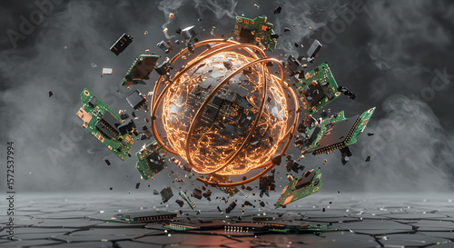 Shattered circuit board fragments levitating around a glowing neural node.