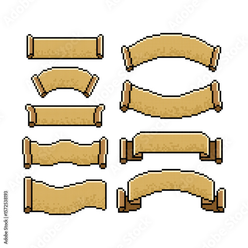 Pixel art set of scroll ribbon ancient manuscript parchment banner illustration