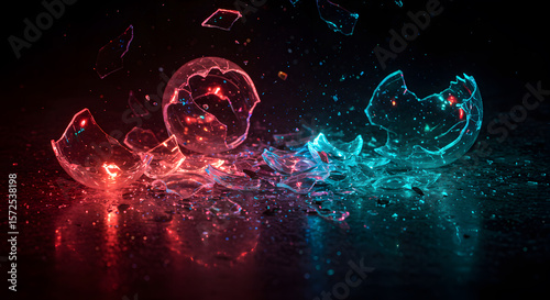 Shattered and glowing colored LED bulbs on a reflective surface.