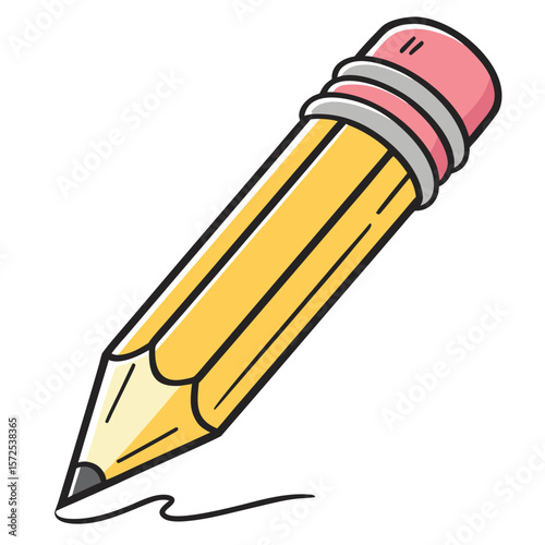 A Yellow Pencil with a Pink Eraser Drawing a Wavy Line on a White Background