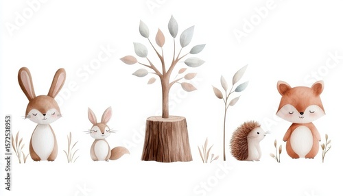 Watercolor set Forest Animals and Trees watercolor woodland bear squirrel sparrow fox rabbit snail hedgehog Christmas tree stump for nursery wallpaper wall decor stickers.