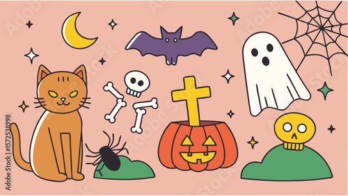 Spooky Halloween vector set illustration with cartoon pumpkin, ghost, bat, cat, spider, witch hat, and skull icons for a fun holiday celebration design