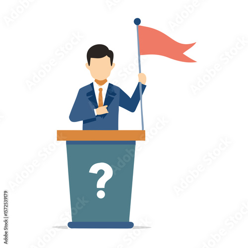Man on podium raising red flag with question symbol