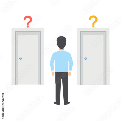 Man choosing between two doors with question marks
