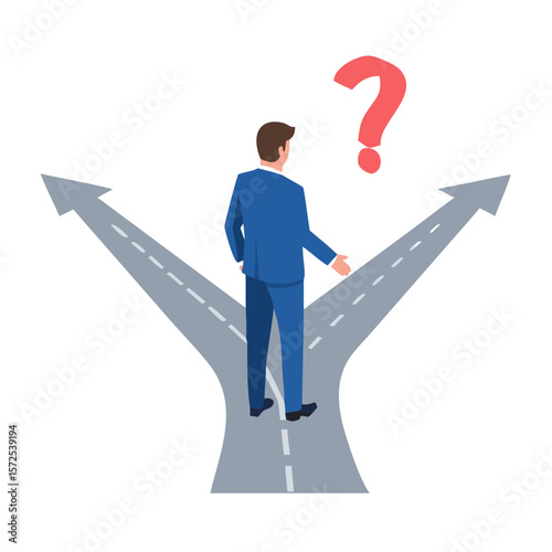 Man facing two diverging roads with question mark