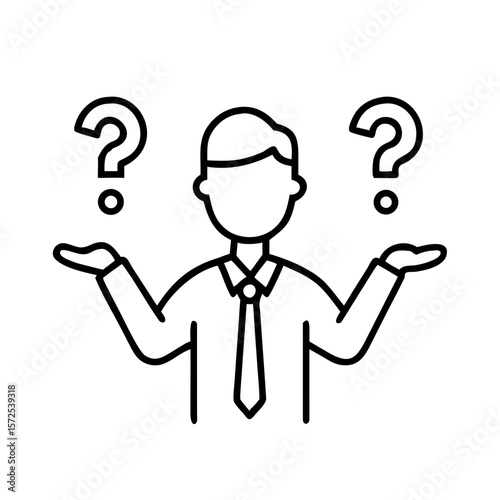 Confused man shrugging icon with question marks in outline style