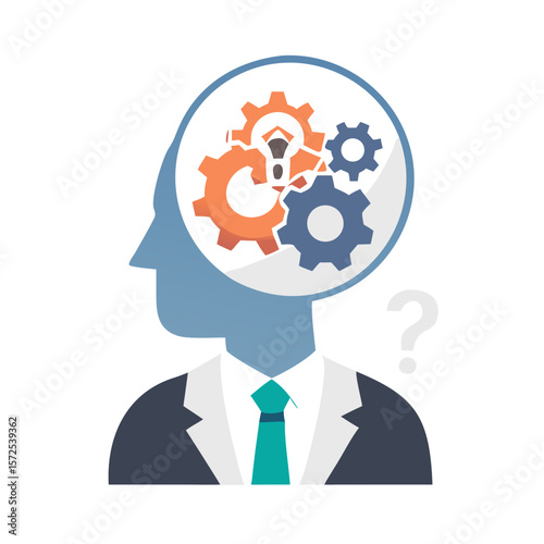 Businessman with gears in head and question mark