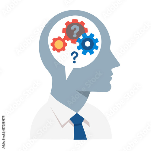 Human head with gears and question mark in profile silhouette