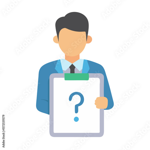 Man holding clipboard with question mark in office style