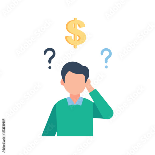 Confused man thinking about money with question marks