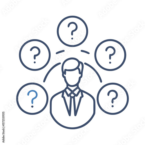 Person surrounded by floating question marks