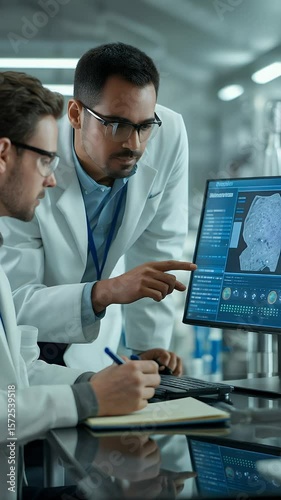 Scientific Breakthrough: Two researchers meticulously analyze complex data displayed on a computer monitor, symbolizing the collaborative pursuit of scientific knowledge and innovation.