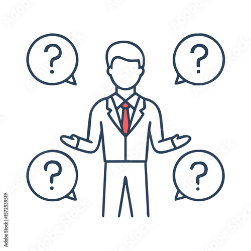 Businessman shrugging with speech bubbles and questions
