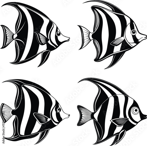 Collection of Moorish idol fish silhouette illustrations. Ideal for use in marine biology projects, aquarium branding, ocean-themed educational materials