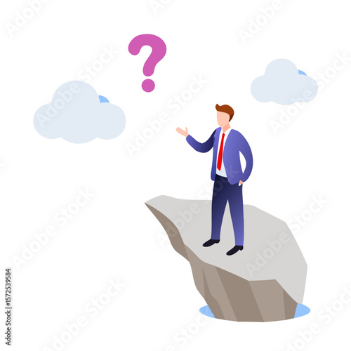 Businessman standing on cliff with question mark