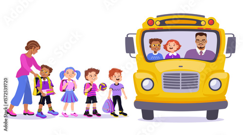 School bus and kids. Diverse children and adult standing near a yellow school bus. Front view of a bus with driver and schoolchildren. Education, back to school, and safe transport themes. Vector.