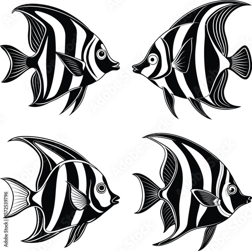 Collection of Moorish idol fish silhouette illustrations. Ideal for use in marine biology projects, aquarium branding, ocean-themed educational materials