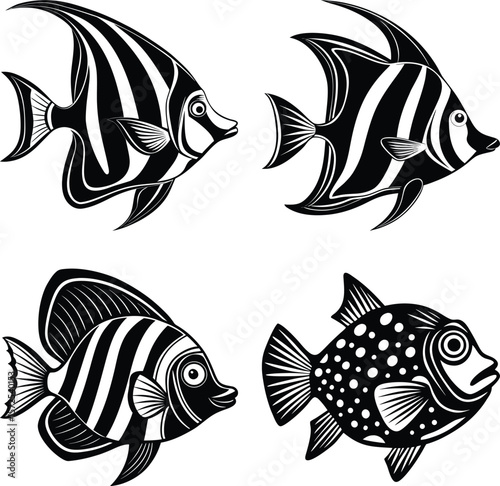 Collection of Moorish idol fish silhouette illustrations. Ideal for use in marine biology projects, aquarium branding, ocean-themed educational materials