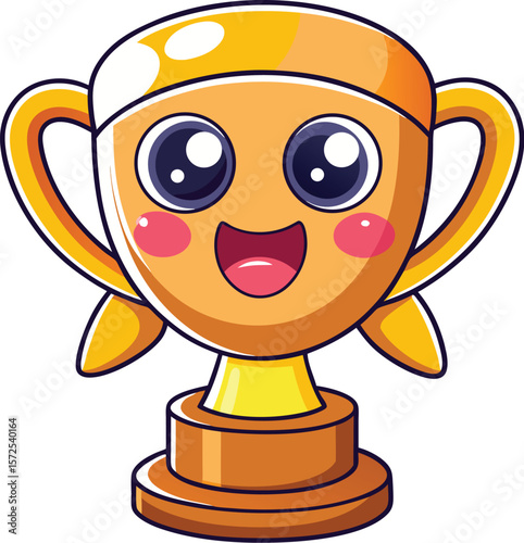  Proud trophy with confident smile and blushing cheeks, kawaii cartoon vector