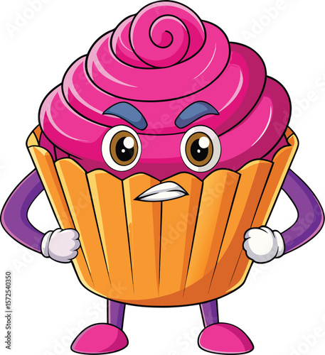 Angry cupcake with puffed cheeks and crossed arms, kawaii cartoon dessert vector