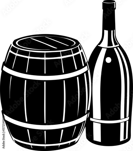 Wooden barrel and wine bottle silhouette, rustic container and beverage storage, vintage style with dark shadows