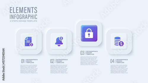 White neumorphism vector infographic template. Four steps or options business infographic layout with icons.