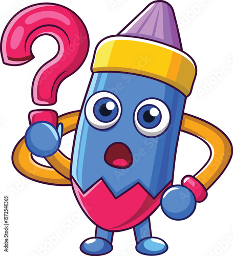 Confused pencil scratching head with question mark, kawaii cartoon vector