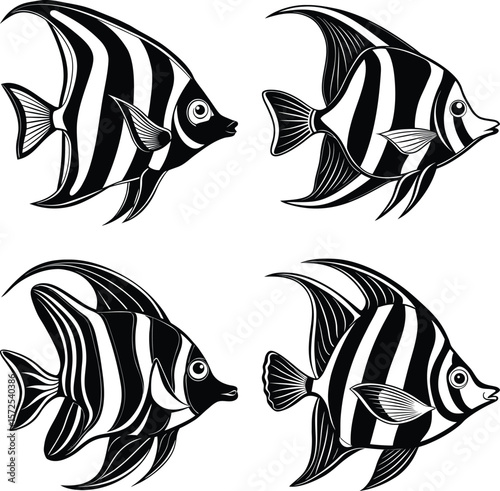 Collection of Moorish idol fish silhouette illustrations. Ideal for use in marine biology projects, aquarium branding, ocean-themed educational materials