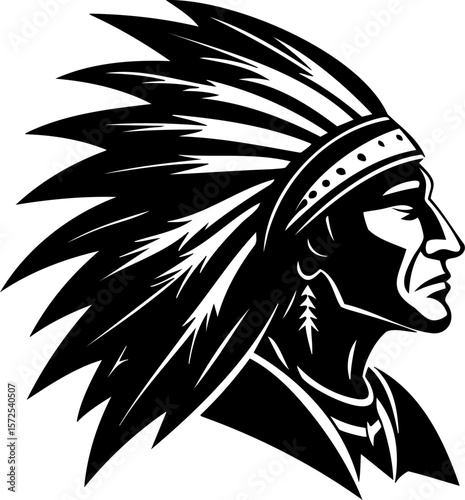 Native American chief profile with feather headdress and traditional face paint, showing strong and proud expression in black silhouette