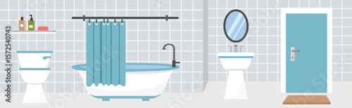 Bathroom interior. Bathroom decoration. Bathtub with curtain. Soap rack. Washbowl design.